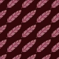 Boho pink feather seamless doodle pattern for decorative design. Aztec style. Maroon dark background. vector