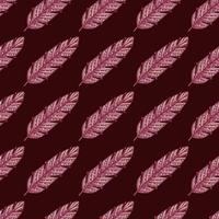 Boho pink feather seamless doodle pattern for decorative design. Aztec style. Maroon dark background. vector