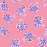 Purple random hand drawn lionfish shapes seamless pattern. Pink background. Stylized aqua print. vector