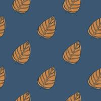 Minimalistic hand drawn contoured leaves seamless pattern. Autumn print with orange foliage figures on navy blue background. vector