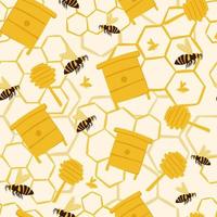 Doodle seamless pattern with yellow hives, spoons, bees flat elements. Background with honeycombs ornament. vector