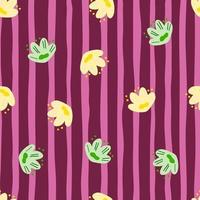 Yellow and green random doodle flowers shapes seamless pattern. Purple striped background. Simple ornament. vector