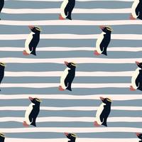 Crested penguins doodle silhouettes seamless animal pattern. Pastel blue striped background. vector