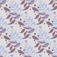 Soft forest foliage ornament seamless pattern. Blue and purple color botanic branches on light background. vector