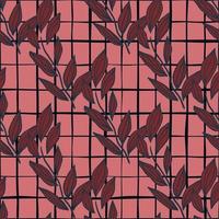 Simple seamless doodle pattern with contoured floral red leaves on pink background with check. Simple backdrop. vector
