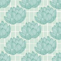 Pastel blue palette seamless pattern with contoured lotus flowers and light chequered background. vector