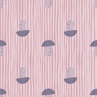 Simple seamless food pattern with forest mushrooms ornament. Purple elements on stripped lilac background. vector