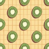 Nature food seamless pattern with vitamin kiwi organic elements. Beige chequered background. vector