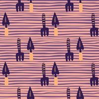 Seamless pattern with doodle shovels and rakes elements. Navy blue and yellow colored garden ornament on stripped pink and purple background. vector