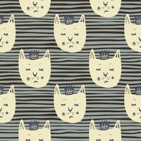 Simple animal seamless pattern with light king cat faces. Contrast background with black strips. vector