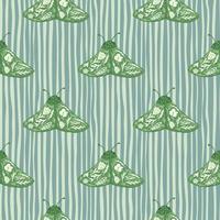 Green folk moles seamless hand drawn pattern. Night flying insects artwork with blue stripped background. vector