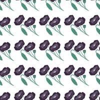 Isolated seamless doodle poppy flower pattern. Hand drawn stylized botanic ornament in purple color on white background. vector