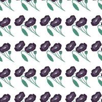 Isolated seamless doodle poppy flower pattern. Hand drawn stylized botanic ornament in purple color on white background. vector