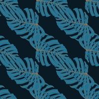 Contrast seamless doodle pattern with blue monstera silhouettes. Black background. vector