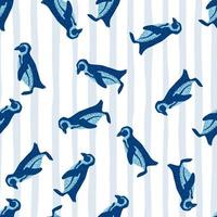 Seamless random zoo pattern with blue colored penguin silhouettes print. Light background with strips. vector