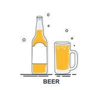 Bottle and glass beer line art in flat style. Restaurant alcoholic illustration for celebration design. Design contour element. Beverage outline icon. Isolated on white background. Vector. vector