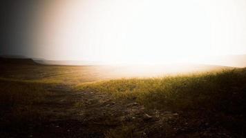 dry yellow grass on the rocky mountain with heavy fog photo