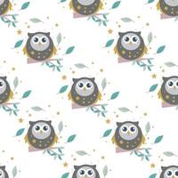 Autumn seamless pattern with owl vector sitting on a tree branch