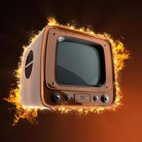 Retro tv with wooden case in fire photo
