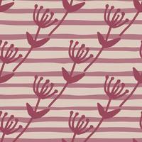 Simple spring floral figures seamless pattern. Pastel stripped background with purple botanic branches ornament. vector