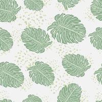 Random seamless pattern with pale green monstera leaf silhouettes. Grey background with splashes. vector