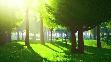 paisaje de bosque verde de dibujos animados con árboles y flores foto
