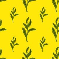 Bright seamless nature pattern with green tropical leaf branches silhouettes. Yellow background. vector