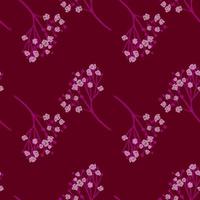 Creative pink gypsophila flower seamless doodle pattern. Maroon background. Bloom vintage flora print. vector