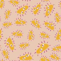 Yellow abstract random heart character ornament seamless doodle pattern. Pastel pink background. vector