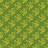 Creative yellow tree forest seamless doodle pattern in hand drawn floral style. Green background. Nature shapes. vector