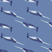 Seamless pattern Narwhal on blue background. Template of cartoon character of ocean for fabric. vector