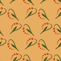 Doodle seamless pattern with abstract lily of the valley ornament. Orange background. Simple style. vector