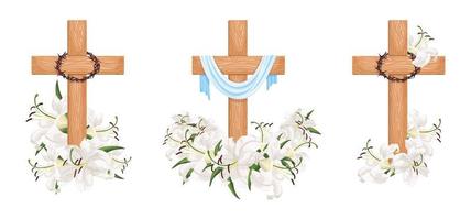 Set crosses with lilies isolated on white background. Religious symbols vector