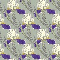 siluetas decorativas de flores de iris patrón floral transparente. fondo azul pálido. telón de fondo botánico. vector