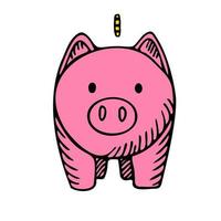 Pink piggy bank isolated on white background. Box for safe savings, coins, cash, gold. Money pig in doodle style. vector