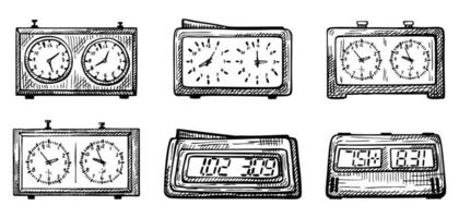 Set Chess clock sketch isolated. Retro classic and electric watches for chess game in hand drawn style. vector