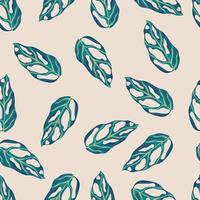 Pastel random seamless monstera leaves pattern. Abstract tropic foliage silhouettes in green tones. Light pink background. vector