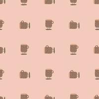 Minimalism hand drawn cup ornament seamless pattern. Brown kitchen elements on soft pink background. vector