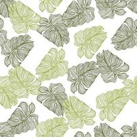 Green linear monstera outline seamless pattern on white background. Tropical leaves backdrop. vector