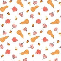 Autumnal seamless pattern on white background. Geometric template with maple leaf, pumpkin, acorn and rowan. vector