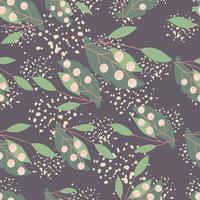 Nature wild seamless pattern with green leaves and rowan berries elements. Purple background with splashes.