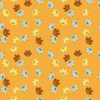 Summer field seamless pattern with little random doodle flowers simple silhouettes. Orange background. vector