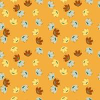 Summer field seamless pattern with little random doodle flowers simple silhouettes. Orange background. vector