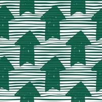 Hand drawn green arrow seamless pattern on stripes background. vector