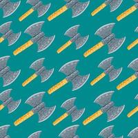 Grey and orange colored viking hatchets seamless pattern. Norway stylized ancient armor print with turquoise background. vector