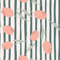 Random stylized tulip ornament seamless pattern. Pale pink flowers on stripped background. vector