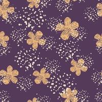 Nature seamless pattern with random orange simple flowers print. Purple background with splashes. vector