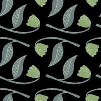 Pale green and grey colored flowers seamless scandinavian pattern. Black background. Hand drawn floral artwork. vector