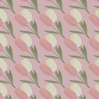 Pale pink tulip ornament seamless pattern. Doodle flowers with green stems stylized print. vector