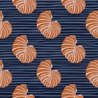 Creative seamless doodle pattern with orange exotic monstera leaves ornament. Navy blue striped background. vector